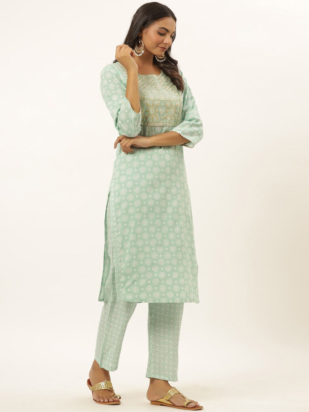 Sea Green Printed Kurta Set-Yufta Store-6505SETSGM