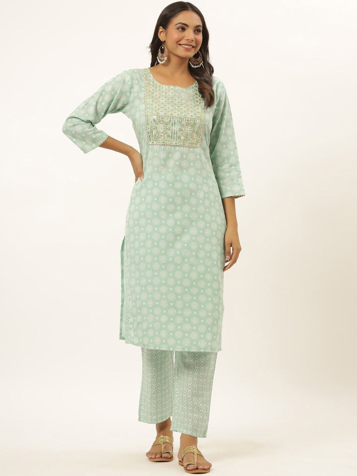 Sea Green Printed Kurta Set-Yufta Store-6505SETSGM