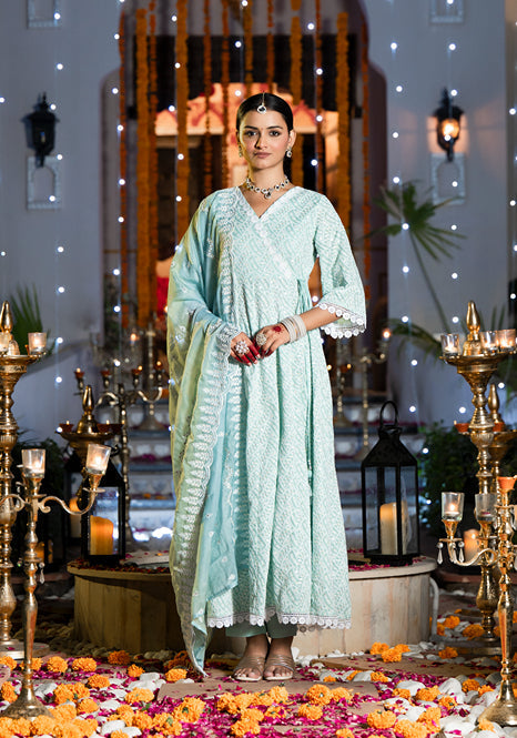 Sea Green Pure Cotton Angrakha Anarkali Kurta Trouser With Dupatta Set-Yufta Store-1548SKDSGS