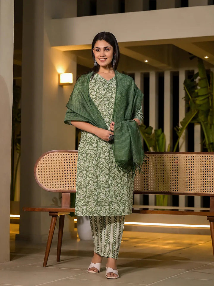 Sea Green Pure Cotton Floral Print Straight Kurta With Trousers And Dupatta Set-Yufta Store-6897SKDSGS