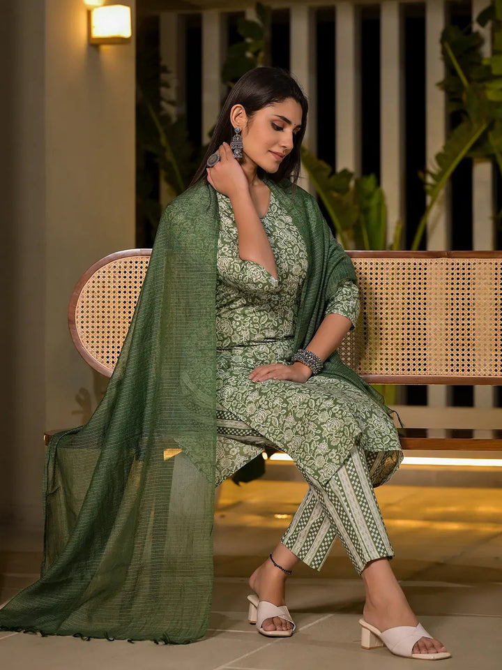 Sea Green Pure Cotton Floral Print Straight Kurta With Trousers And Dupatta Set-Yufta Store-6897SKDSGS