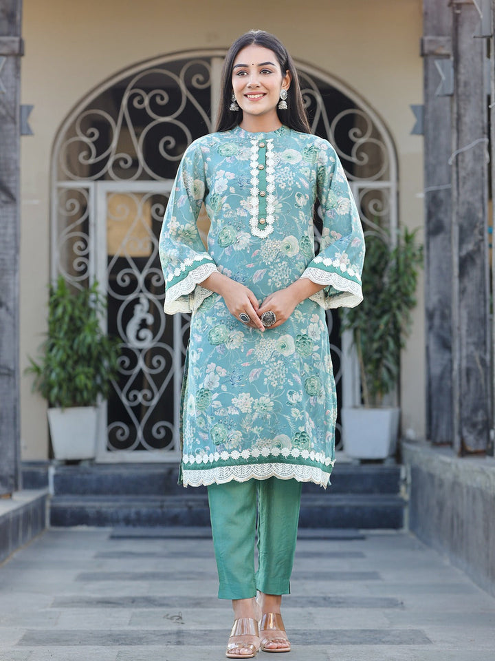 Sea Green Pure Silk Co-ord set with Thread Work-Yufta Store-1617CRDSGS