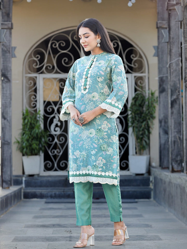 Sea Green Pure Silk Co-ord set with Thread Work