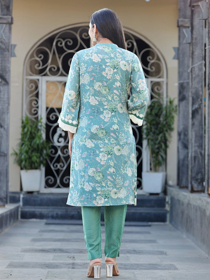 Sea Green Pure Silk Co-ord set with Thread Work-Yufta Store-1617CRDSGS