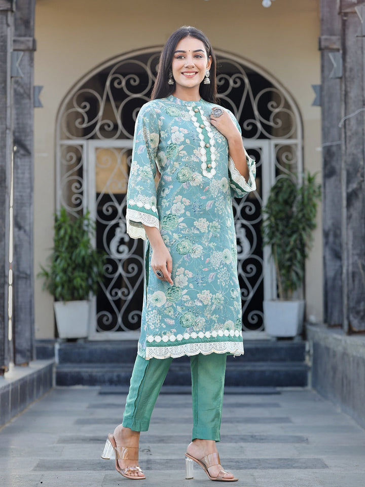 Sea Green Pure Silk Co-ord set with Thread Work-Yufta Store-1617CRDSGS