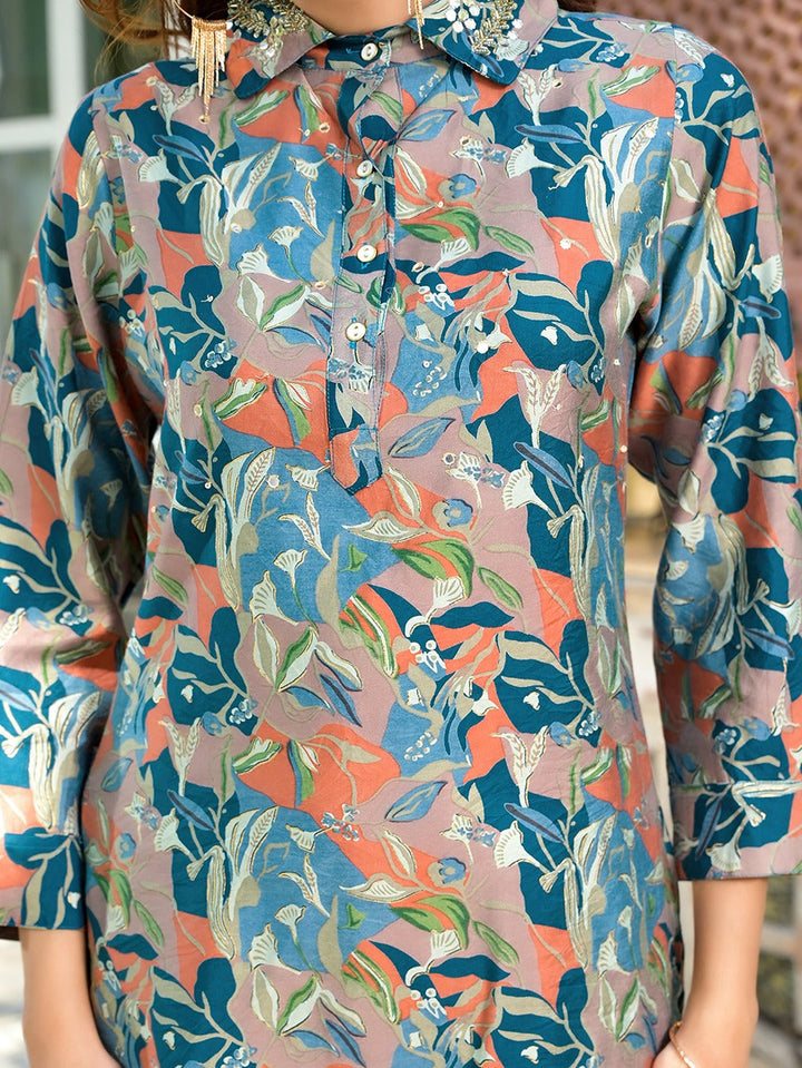 Sea Green Silk blend Ethnic Motifs Shirt Collar Co-ord set-Yufta Store-1828CRDSGM