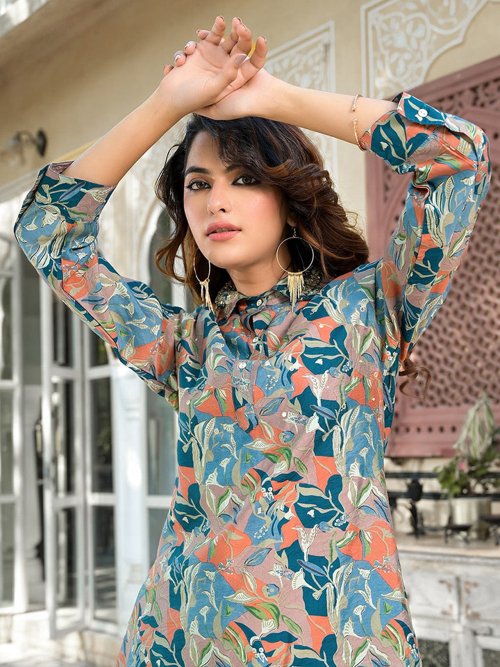 Sea Green Silk blend Ethnic Motifs Shirt Collar Co-ord set-Yufta Store-1828CRDSGM