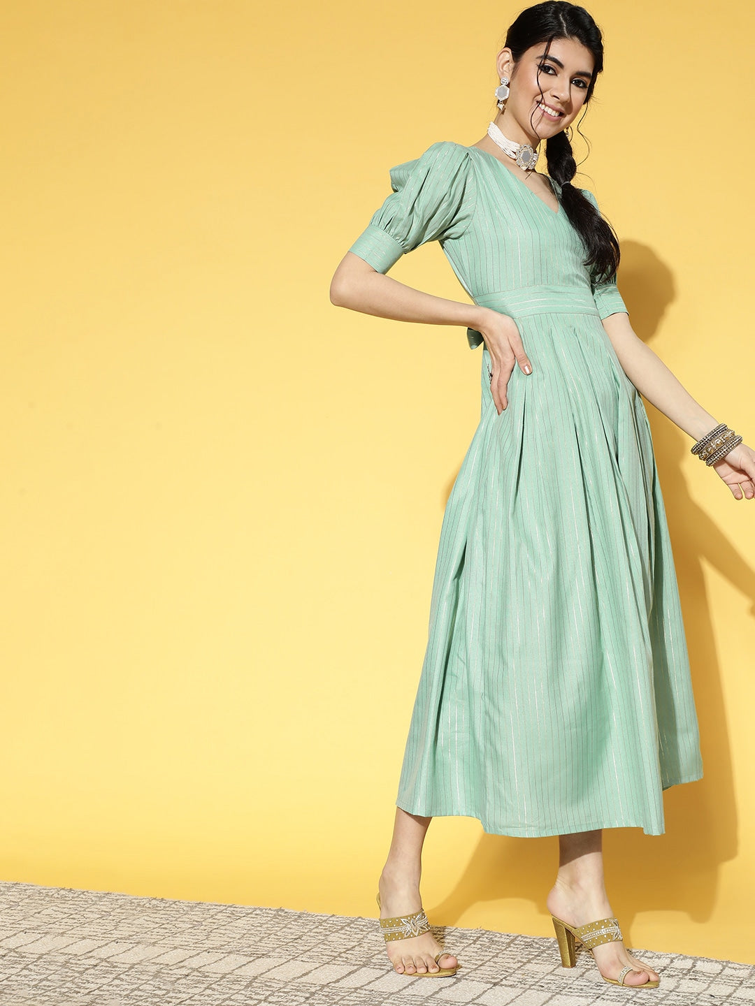 Sea Green & Silver Lurex Dress-Yufta Store-9575DRSSGS