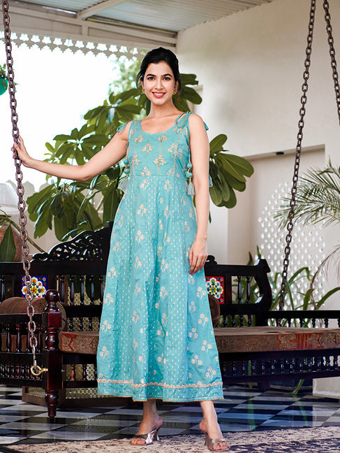 Sea Green Strappy Anarkali Dress-Yufta Store-1514DRSSGS