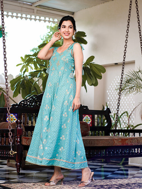 Sea Green Strappy Anarkali Dress-Yufta Store-1514DRSSGS