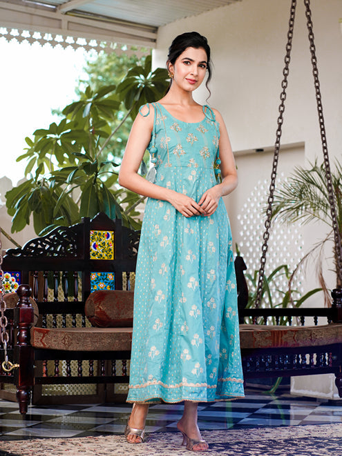 Sea Green Strappy Anarkali Dress-Yufta Store-1514DRSSGS