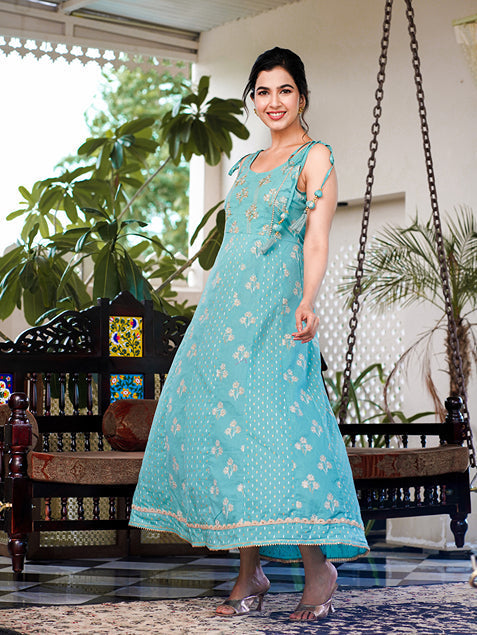 Sea Green Strappy Anarkali Dress-Yufta Store-1514DRSSGS