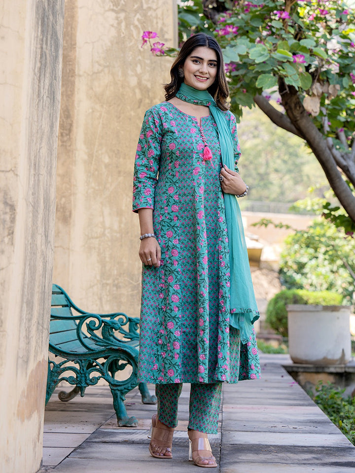 Sea Green Three quarter Regular Sleeves Cotton Anarkali Kurta Dupatta Set-Yufta Store-1806SKDSGS