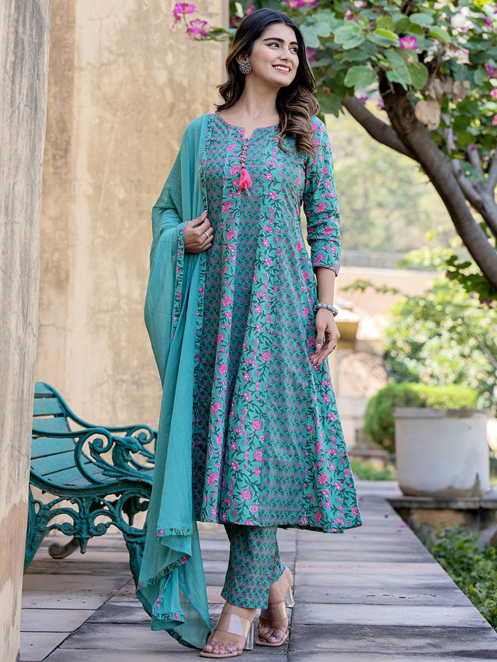 Sea Green Three quarter Regular Sleeves Cotton Anarkali Kurta Dupatta Set-Yufta Store-1806SKDSGS