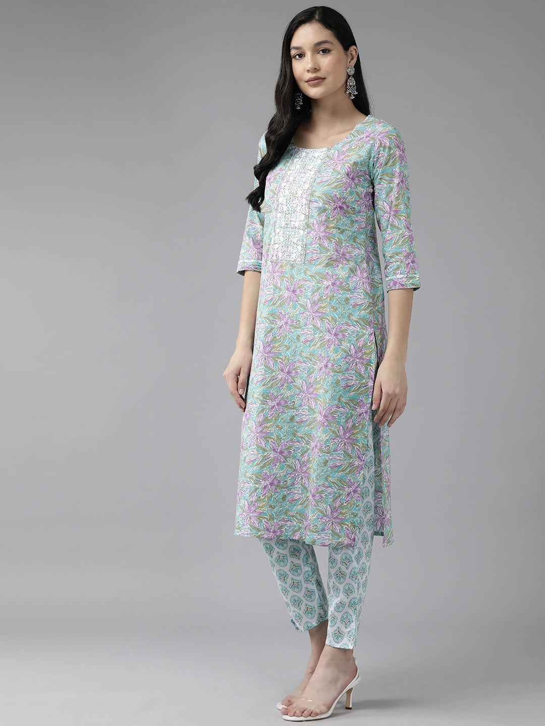Sea green Floral Embroidered Pure Cotton Kurta with Trousers & With Dupatta Set