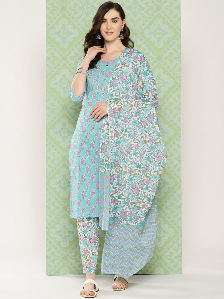 Sea green Paisley Printed Pure Cotton Kurta with Trousers & With Dupatta Set-Yufta Store-1474SKDSGS