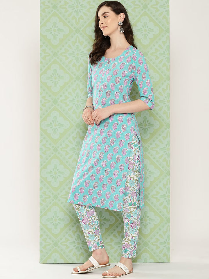 Sea green Paisley Printed Pure Cotton Kurta with Trousers & With Dupatta Set-Yufta Store-1474SKDSGS