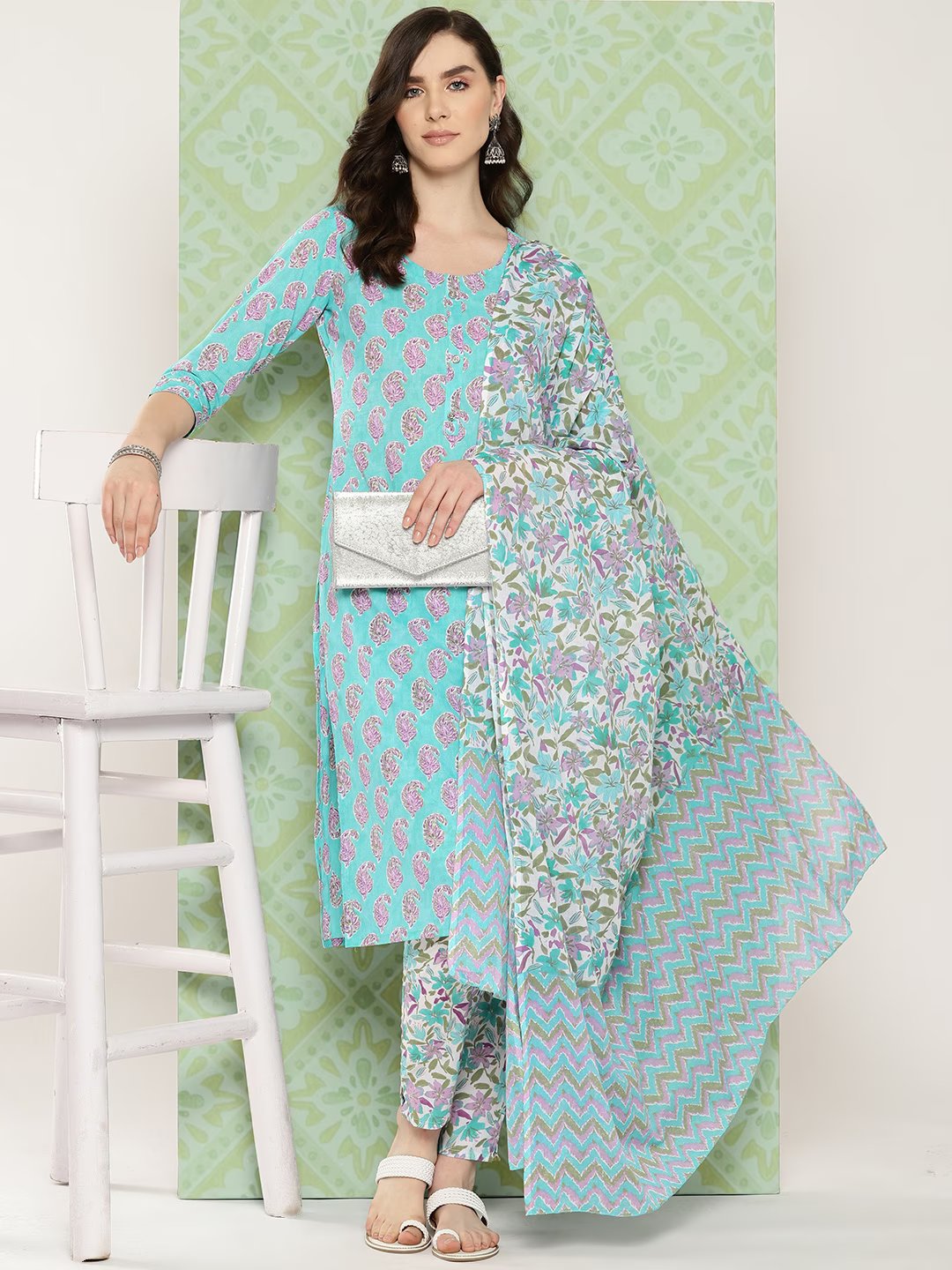 Sea green Paisley Printed Pure Cotton Kurta with Trousers & With Dupatta Set-Yufta Store-1474SKDSGS