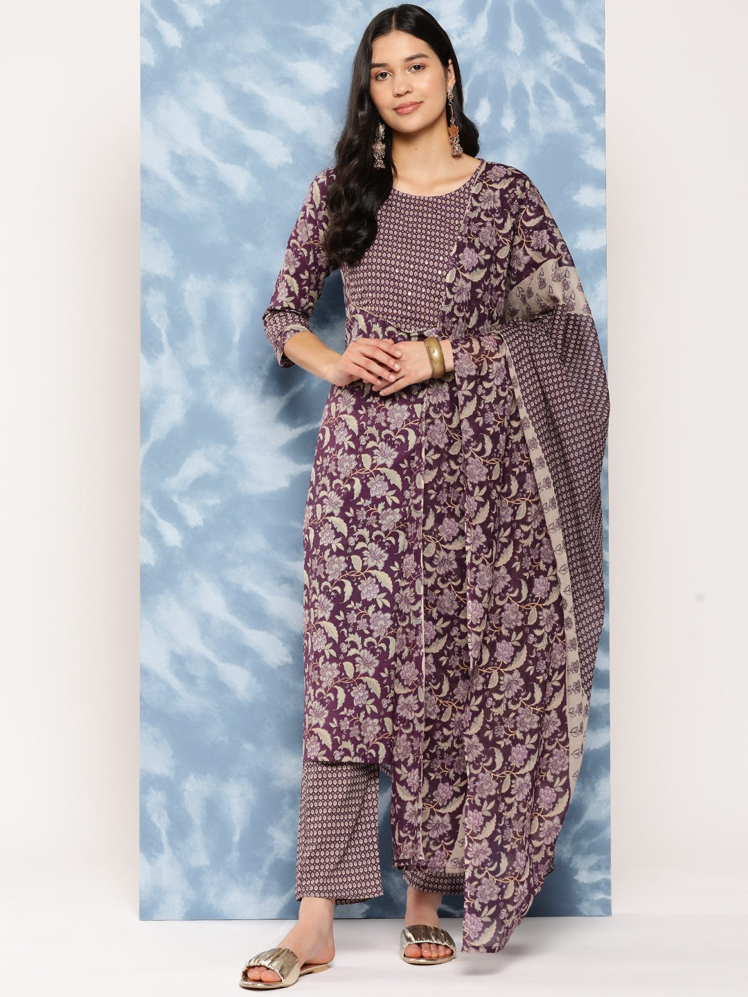 Sequinned Cotton Kurta Dupatta Set-Yufta Store-1219SKDPRS