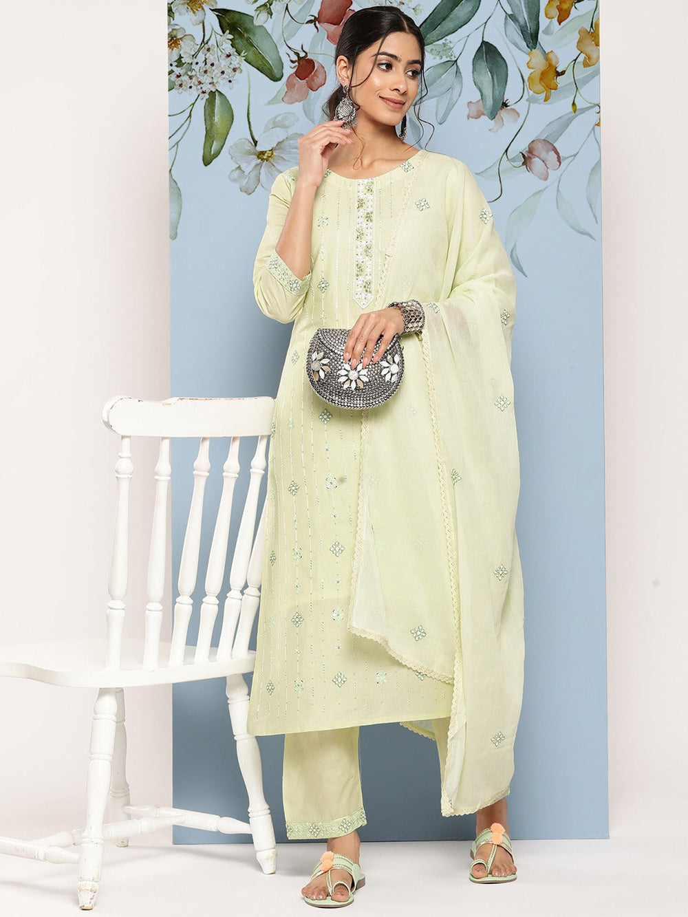 Sequinned Cotton Kurta Dupatta Set-Yufta Store-1257SKDGRS