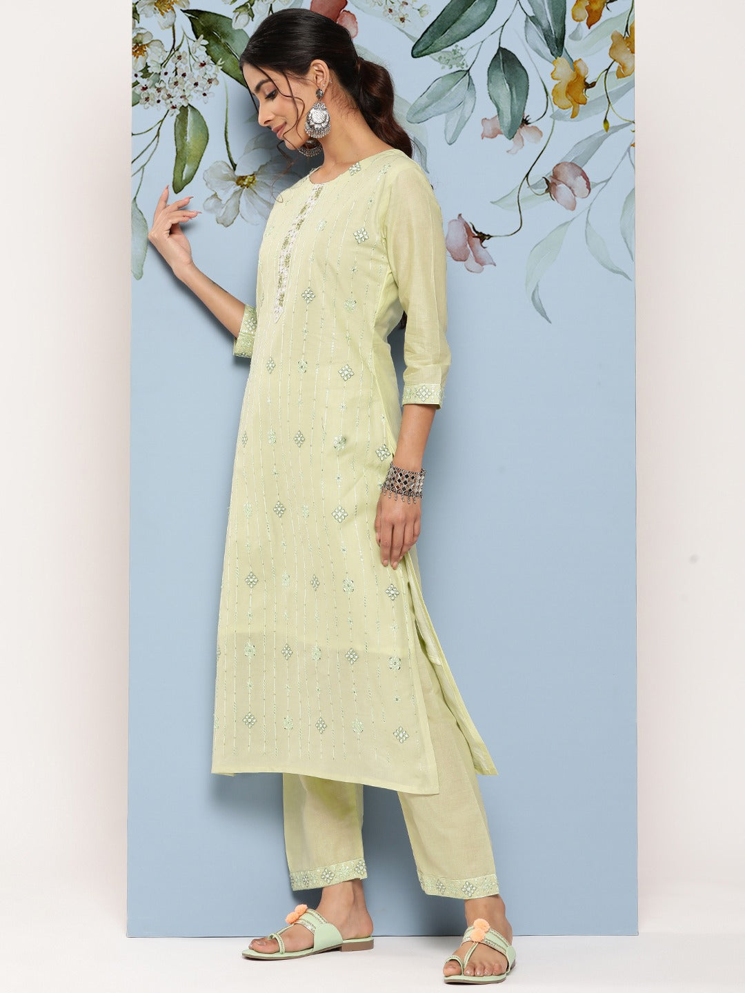 Sequinned Cotton Kurta Dupatta Set-Yufta Store-1257SKDGRS