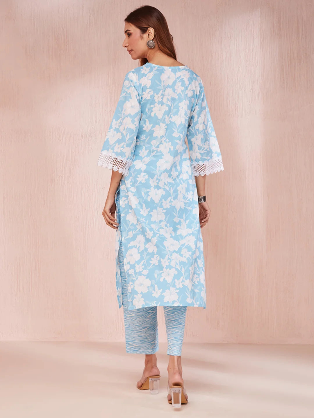 Sky Blue And White Floral Print Lese Sleeves V-Neck Straight Kurta Trouser Set-Yufta Store-6862SKDSBS