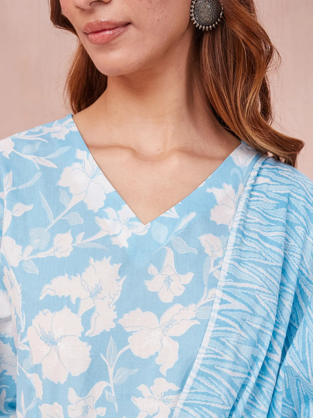 Sky Blue And White Floral Print Lese Sleeves V-Neck Straight Kurta Trouser Set-Yufta Store-6862SKDSBS