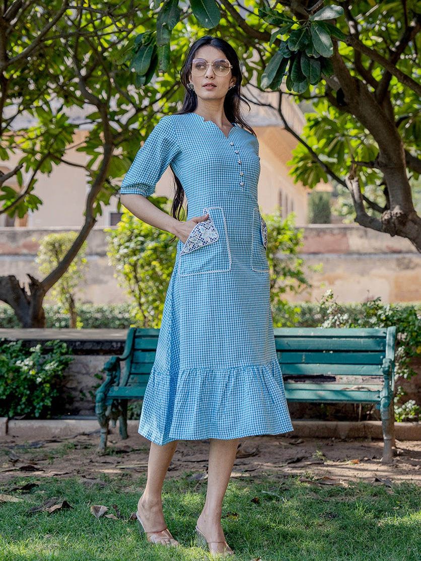 Sky Blue Check Tiered Dress-Yufta Store-1804DRSSBS