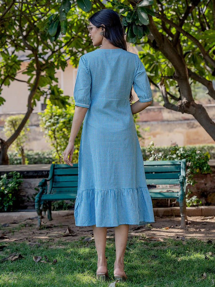 Sky Blue Check Tiered Dress-Yufta Store-1804DRSSBS