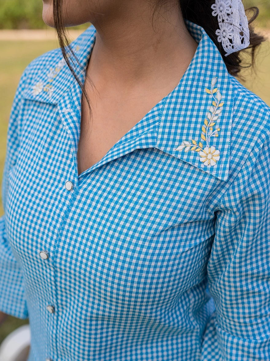 Sky Blue Cotton Checks Printed Embroidery Top-Yufta Store-1499TOPSBS