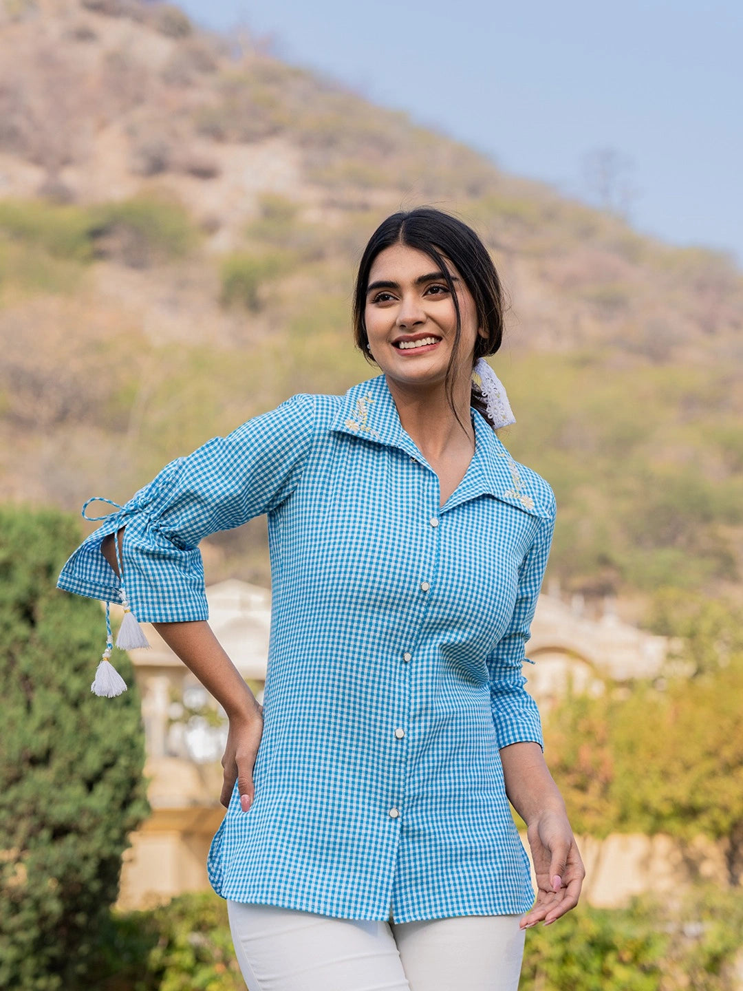 Sky Blue Cotton Checks Printed Embroidery Top-Yufta Store-1499TOPSBS