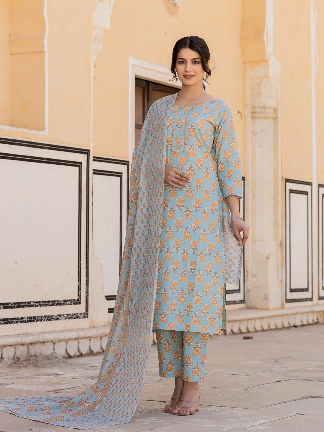 Sky Blue Floral Print Sequins_Work Straight Kurta Trouser And Dupatta Set-Yufta Store-6879SKDSBS