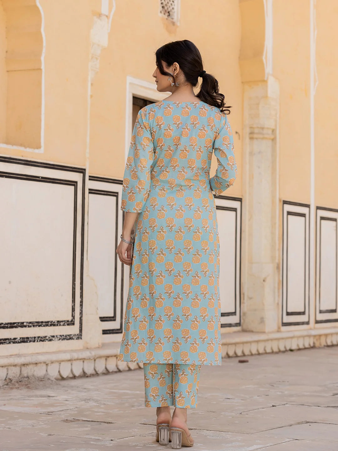 Sky Blue Floral Print Sequins_Work Straight Kurta Trouser And Dupatta Set-Yufta Store-6879SKDSBS