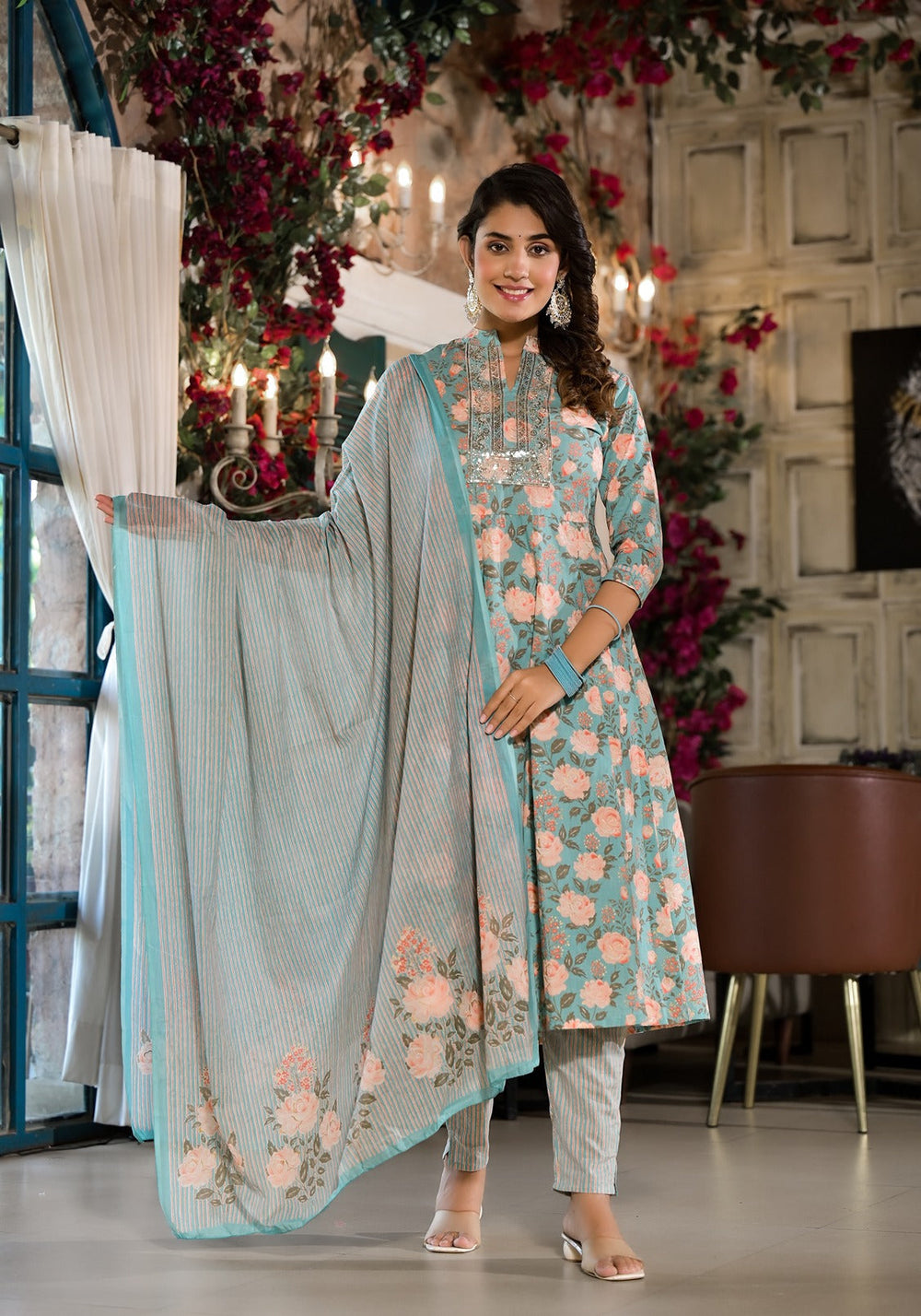 Sky Blue Floral Sequins_Work Kurta Trouser With Dupatta Set