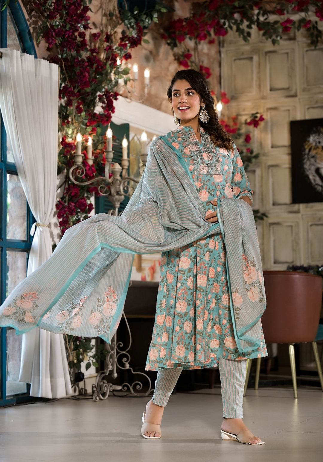 Sky Blue Floral Sequins_Work Kurta Trouser With Dupatta Set-Yufta Store-1761SKDSBS