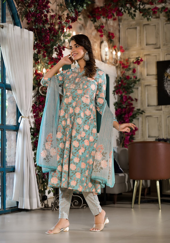 Sky Blue Floral Sequins_Work Kurta Trouser With Dupatta Set-Yufta Store-1761SKDSBS