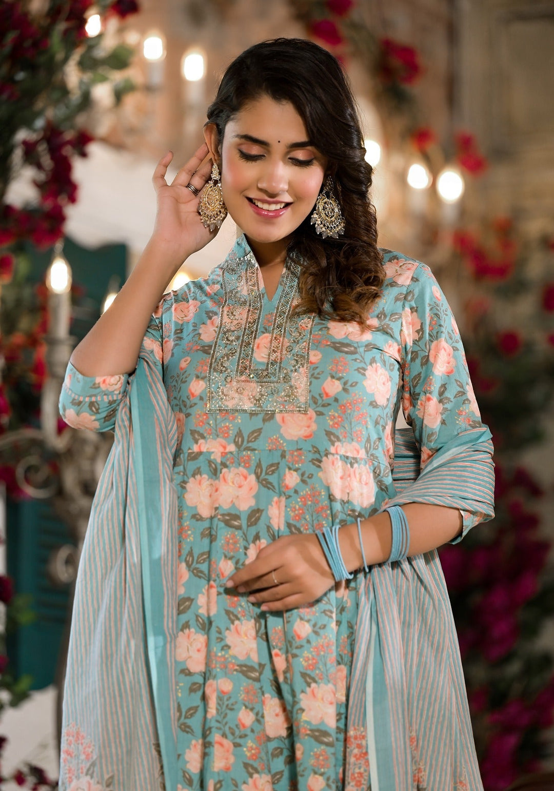 Sky Blue Floral Sequins_Work Kurta Trouser With Dupatta Set