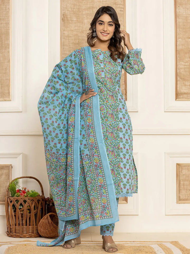 Sky Blue Leaf Print Cotton Pakistani Style Kurta And Trousers With Dupatta