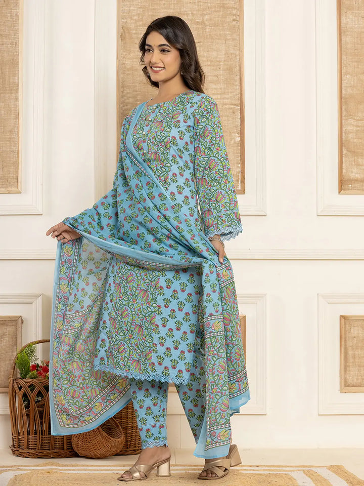 Sky Blue Leaf Print Cotton Pakistani Style Kurta And Trousers With Dupatta