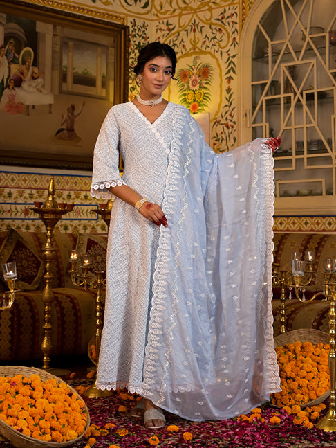 Sky Blue Pure Cotton Angrakha Anarkali Kurta Trouser With Dupatta Set-Yufta Store-1554SKDSBS