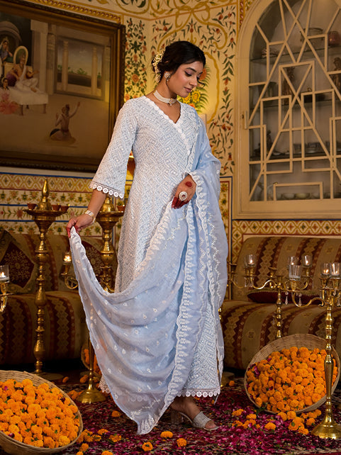 Sky Blue Pure Cotton Angrakha Anarkali Kurta Trouser With Dupatta Set-Yufta Store-1554SKDSBS