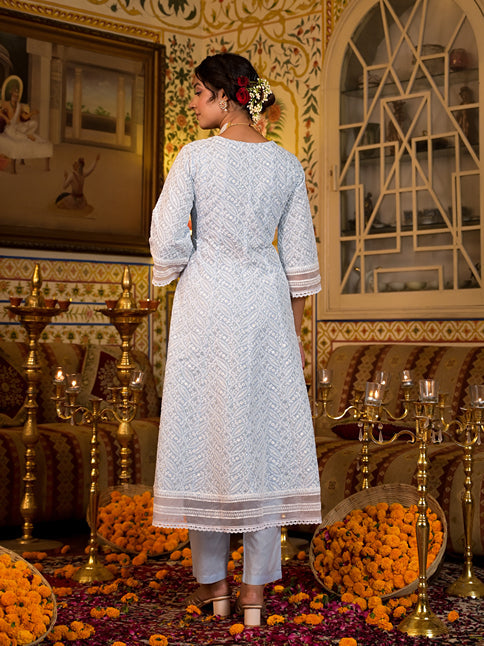 Sky Blue Pure Cotton Sequins Work Anarkali Kurta Trouser With Dupatta Set-Yufta Store-1551SKDSBS