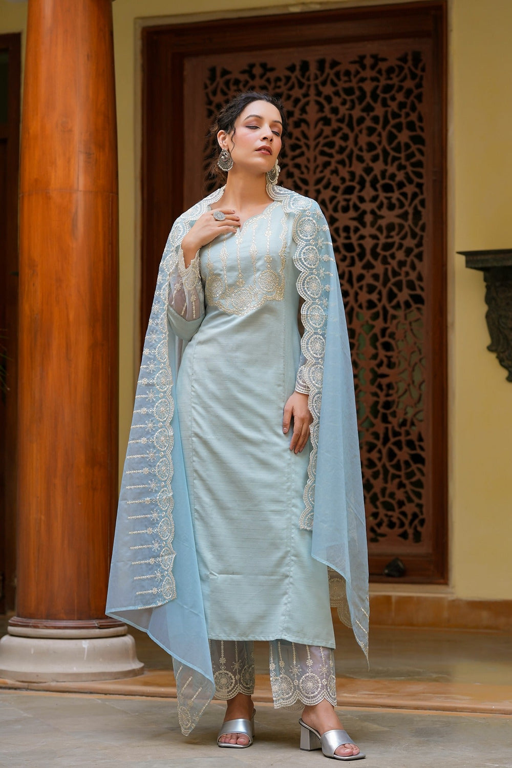 Sky blue kurta dupatta set-Yufta Store-1350SKDBLS