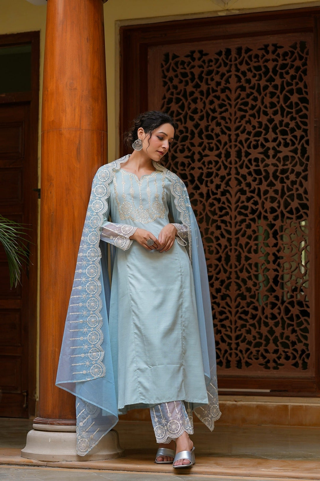 Sky blue kurta dupatta set-Yufta Store-1350SKDBLS