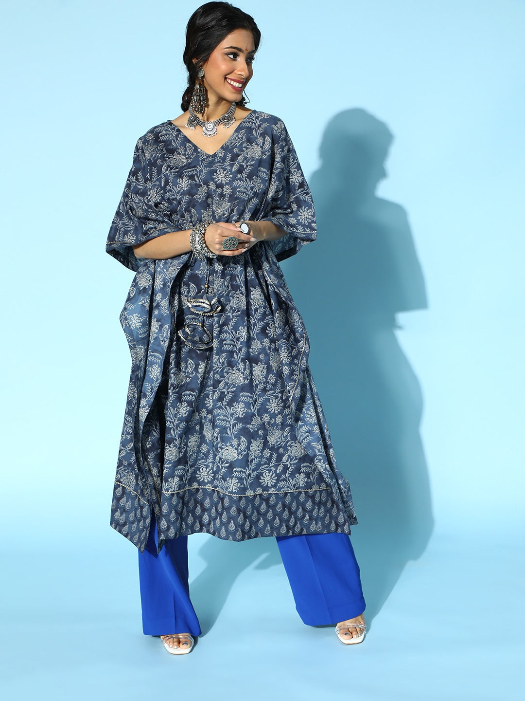 Stunning Blue Printed Kaftan Kurta-Yufta Store-9539KFTBLS