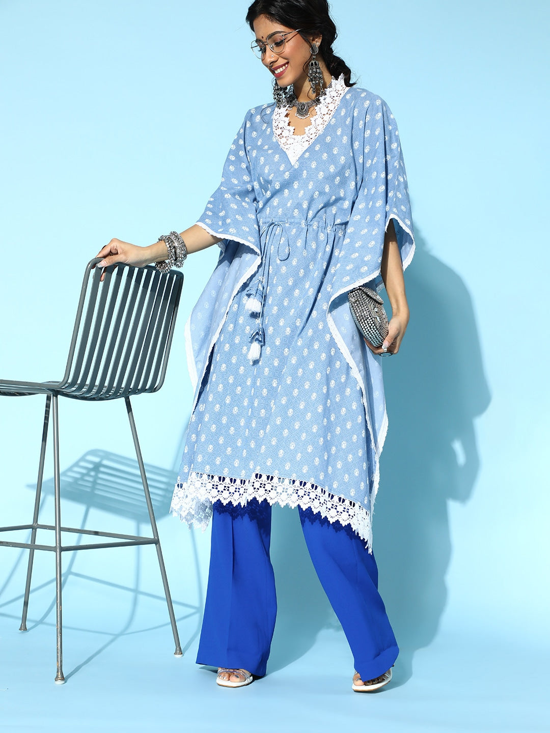 Stunning Blue Printed Kaftan Kurta-Yufta Store-9542KFTSBS