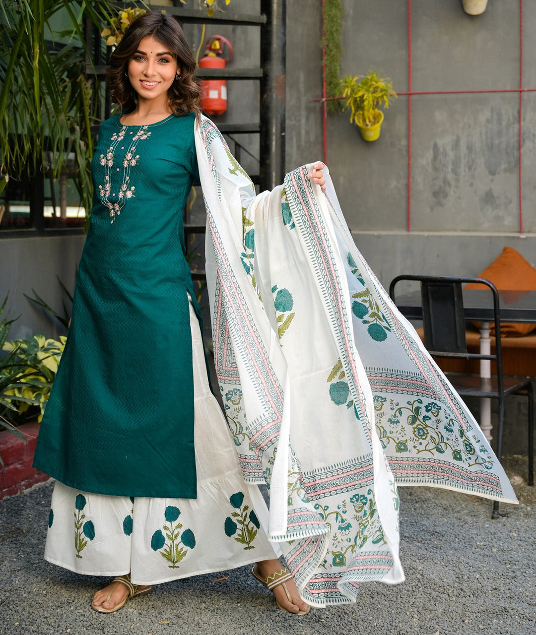 Teal And White Embroidered Dupatta Set-Yufta Store-7577SETTGS