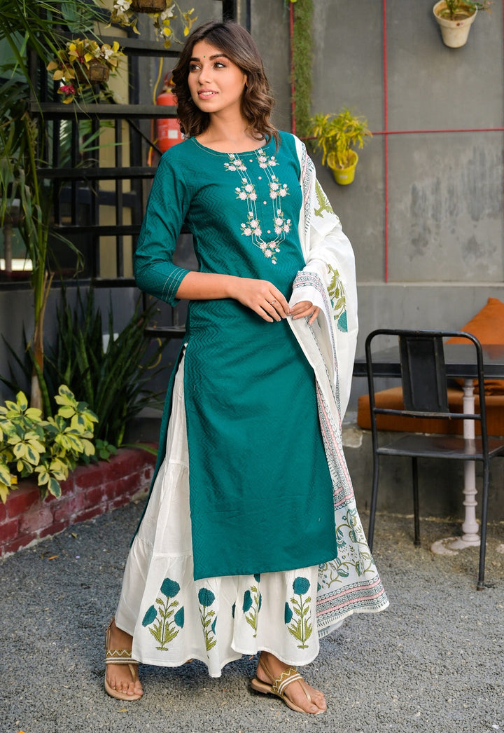 Teal And White Embroidered Dupatta Set-Yufta Store-7577SETTGS