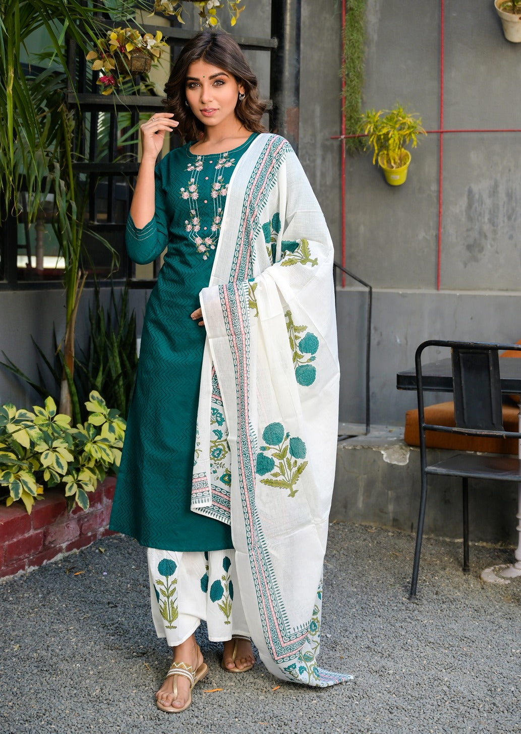 Teal And White Embroidered Dupatta Set-Yufta Store-7577SETTGS