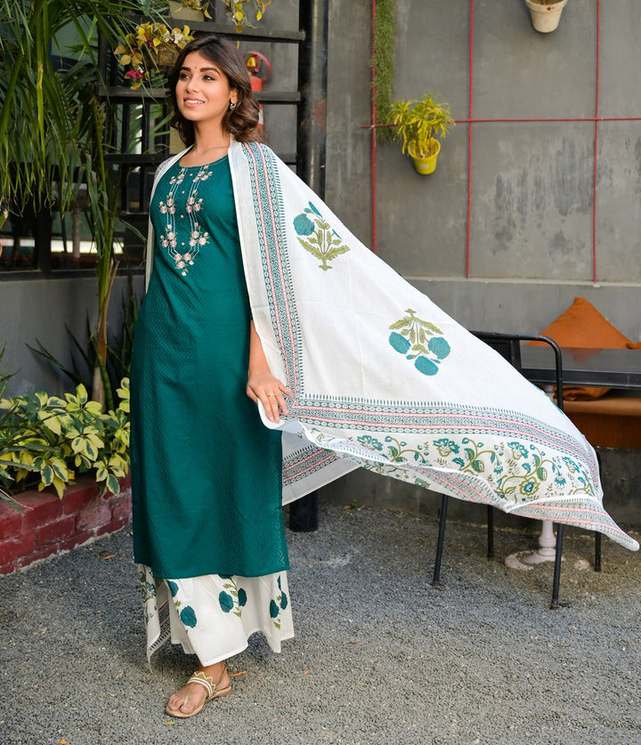 Teal And White Embroidered Dupatta Set-Yufta Store-7577SETTGS